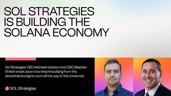 The image features a poster with three men's faces against a white background. The text at the top of the poster reads "Sol Strategies is building the Solana economy", while the bottom part displays an advertisement for a company called "SOL Strategies". Below this, there are two more images featuring the same three men in different poses and angles.