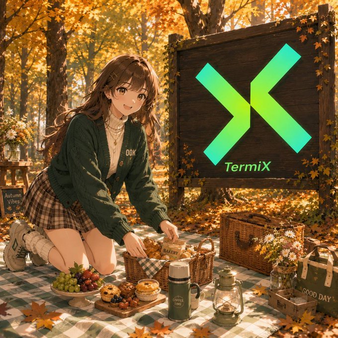 An anime-style illustration depicts a young woman with brown hair in a green cardigan and plaid skirt having a picnic on a checkered blanket with various foods, next to a wooden sign displaying a glowing green 'X' logo and the word 'TermiX'.