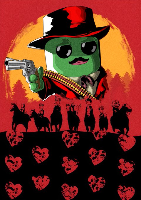 A green Pepe-like frog character dressed as a Western gunslinger in a black hat and red coat, brandishing a revolver with a bullet belt, stands against a red sunset with silhouettes of horseback riders below and scattered heart motifs—evoking nostalgic Western imagery to reinforce the post's message that $FWOG "is the boss" and worth holding.