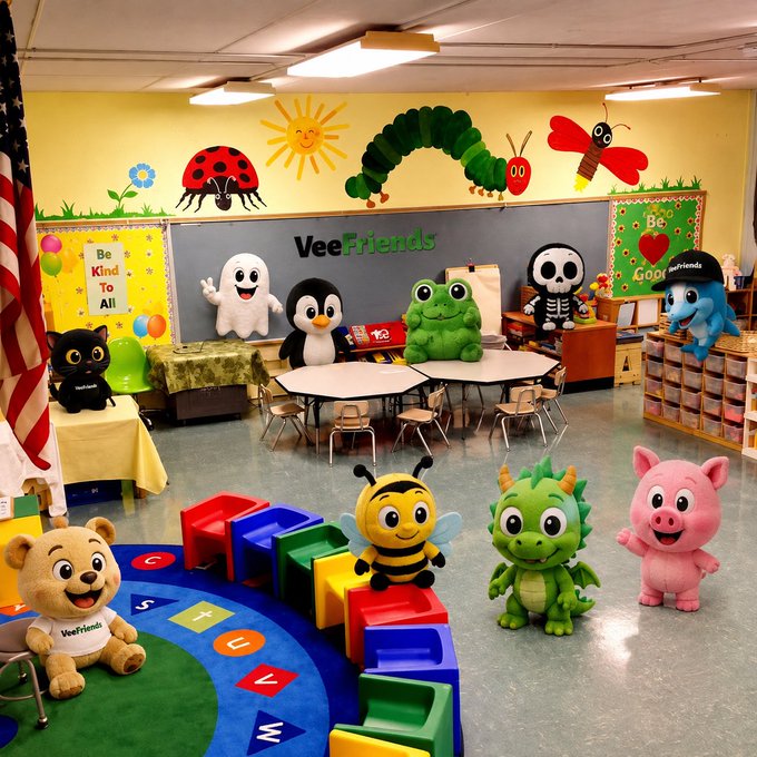 A brightly decorated classroom featuring various plush mascots, a colorful caterpillar on the wall, the text 'VeeFriends' above the chalkboard, and a 'Be Kind To All' poster.