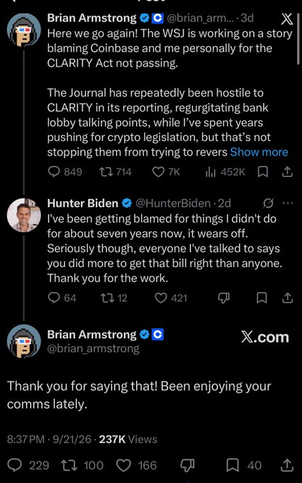 The image shows an X (formerly Twitter) exchange between Coinbase CEO Brian Armstrong (@brian_armstrong) and Hunter Biden (@HunterBiden), where Armstrong criticizes the WSJ for hostile reporting on the CLARITY Act and Biden thanks him for his work on the bill, with Armstrong's reply saying "Thank you for saying that! Been enjoying your comms lately." The post's caption "I'm never deleting this app" fits the screenshot, as the unlikely and friendly exchange between a crypto executive and a prominent political figure serves as a memorable, screenshot-worthy moment worth preserving.