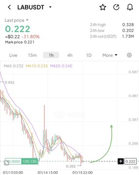 A trading chart for LABUSDt (LAB) on the Crypto.com app shows the current price at $0.222, down $0.022 (-31.80%), with the user's post announcing a $30K long position with a stoploss at $0.188 and bounce targets of $0.270–$0.280. The candlestick chart visualizes the recent dump the user mentions, and a hand-drawn green upward arrow on the right side emphasizes the expected relief bounce referenced in the post.