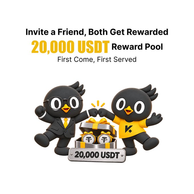 KuCoin-style referral promotion reading “Invite a Friend, Both Get Rewarded,” “20,000 USDT Reward Pool,” and “First Come, First Served.” Two black bird mascots wearing a suit and a yellow shirt stand beside a treasure chest and a “20,000 USDT” case.