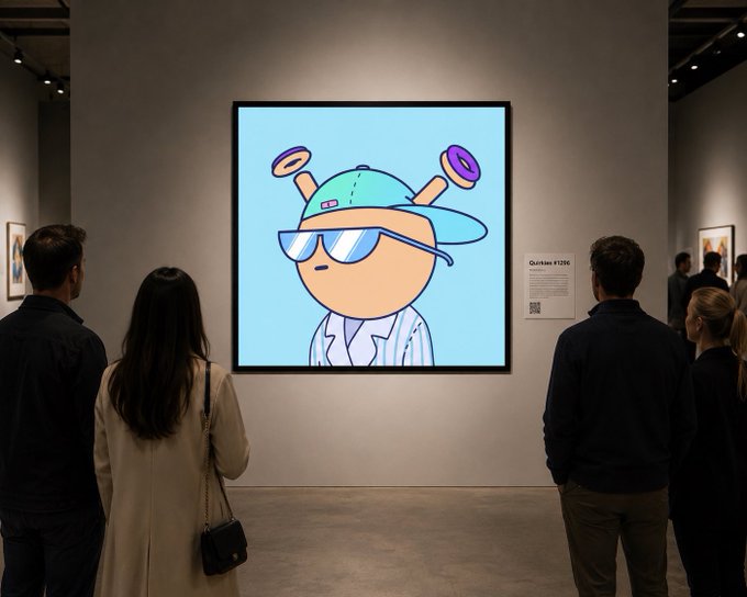 A group of gallery visitors admire a large framed display of "Quirkies #1296," a digital NFT artwork featuring a cartoon character with a turquoise cap, sunglasses, and decorative horns, displayed alongside its QR-tagged placard in a fine art exhibition setting.