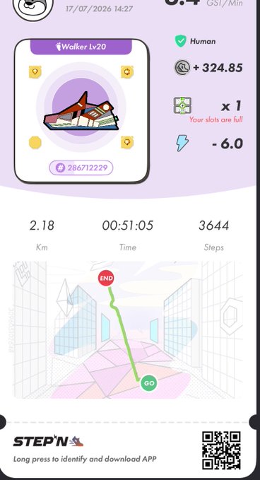 A STEP'N app screenshot showing a Walker Lv.20 sneaker NFT with stats: 2.18 Km, 00:51:05 time, 3644 steps, and earnings of +324.85 GST/Min, dated 17/07/2026.