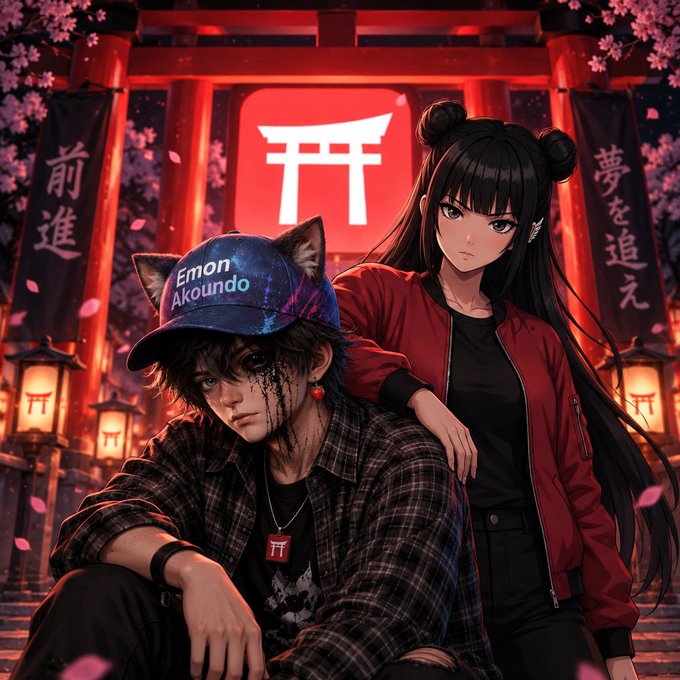 An anime-style illustration depicts a young man with cat ears wearing a cap labeled 'Emon Akoundo' alongside a woman with black hair, set against a red Japanese torii gate background.