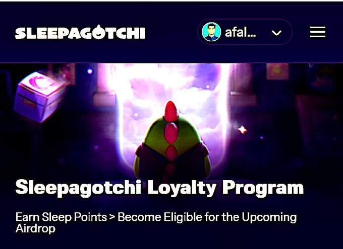 A screenshot of the 'SLEEPAGOTCHI' website header showing 'Sleepagotchi Loyalty Program — Earn Sleep Points > Become Eligible for the Upcoming Airdrop' with a green character in a glowing portal.