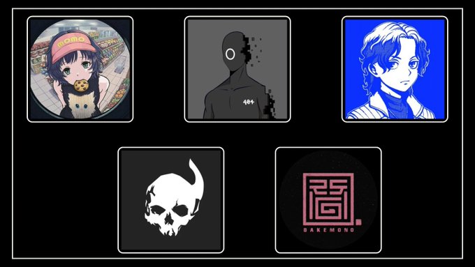 A collection of five artist or profile icons including anime-style characters, a dark figure, a skull, and a Raremond logo.