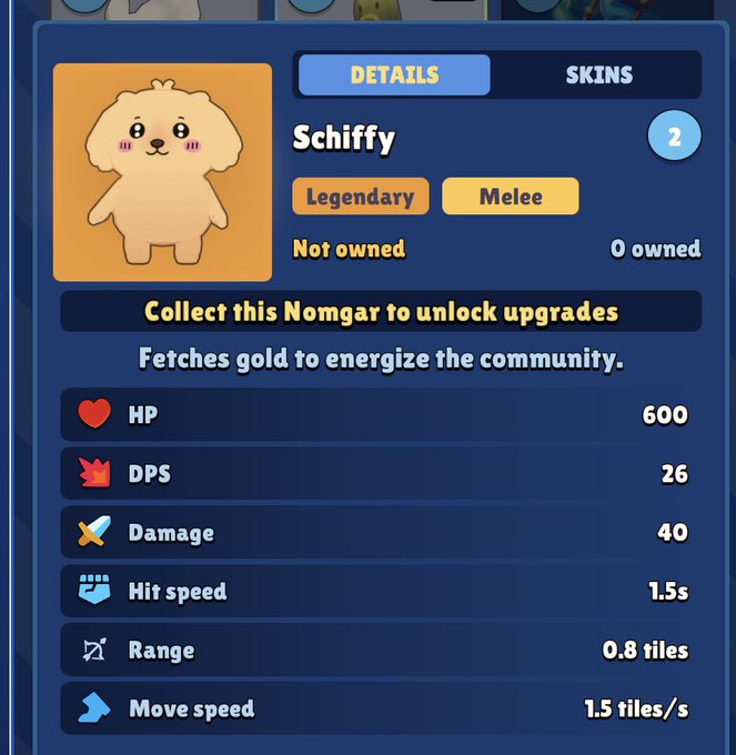 A game details screen for "Schiffy," a Legendary Melee character that "Fetches gold to energize the community," showing stats including 600 HP, 26 DPS, and 40 Damage.