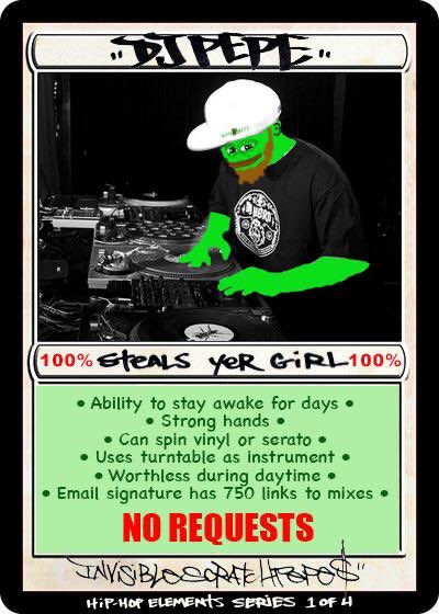 A baseball card-style parody titled "SWIPE" features a DJ with green-tinted skin behind turntables, boasting abilities like "100% Steals Yer Girl" and "Worthless during daytime," signed at the bottom as part of a "HIP-HOP ELEMENTS SERIES 1 OF 4." The card humorously nods to the creator's claim of pioneering tokenized music before NFTs existed, with the "NO REQUESTS" stamp and DJ setup reinforcing the hip-hop cultural satire.