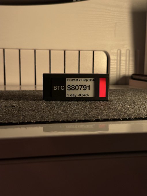 A small digital ticker device sits on a mat, displaying 'BTC $80791' at '01:52AM 21 Sep 2025' with a '1 day -0.54%' change.