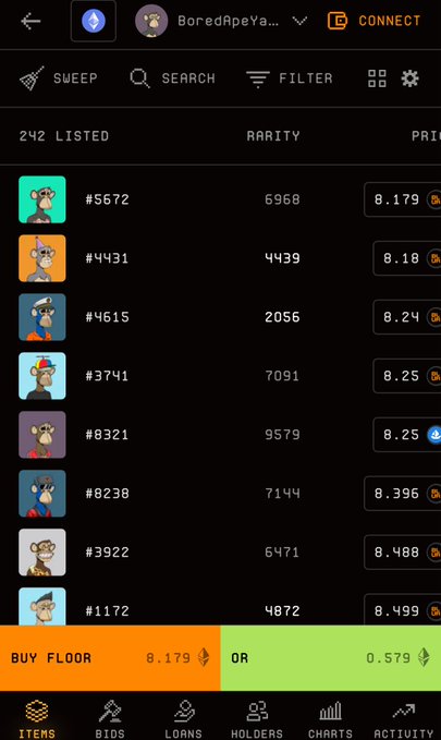 A mobile app screenshot displays an NFT marketplace listing page showing 242 items with rarity scores and prices in ETH and SOL, with options to 'BUY FLOOR' or place offers.