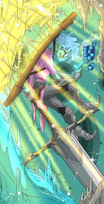 An anime-style character with blue hair and a large conical hat holding a sword, floating in an underwater scene with blue crystals and a glowing blue HUD element reading 'JUMP', 'NEO', 'EMP'.