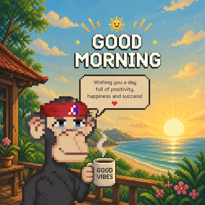 The image features a cartoon monkey holding a coffee cup with "Good morning" written above it. The background of the image shows a beach scene with palm trees and a sunset, creating a relaxing atmosphere. The caption below the image reads, "Good morning What are your plans for today? @NomismaNetwork Excited to see @CNPYNetwork turning appchains into true digital nations From nested security to full sovereignty in days, this is how real ownership gets built onchain".