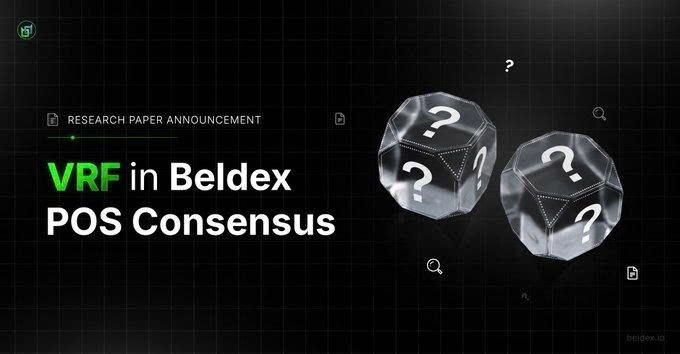 A promotional graphic titled 'VRF in Beldex POS Consensus' announcing a research paper, featuring two transparent dice with question marks on a dark background.