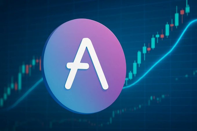 A purple circular token with an 'A' logo is displayed against a backdrop of green and red stock candlestick charts showing an upward trend.