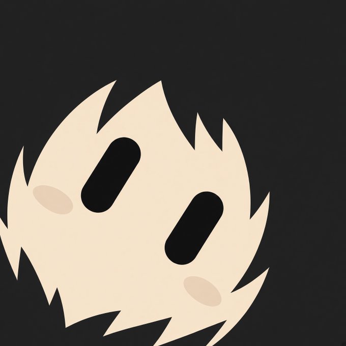 A stylized cartoon illustration of a fluffy white cat face with dark oval eyes and pink cheeks against a dark background.