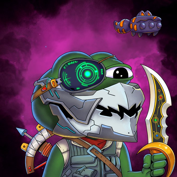 The image features a cartoon frog with a mask and goggles, holding a sword and shield. The frog appears to be wearing a backpack and has a futuristic appearance due to its advanced technology. The background of the image is dark purple, which contrasts with the green color of the frog's mask. There are also two other objects in the scene: one is a robot-like creature flying through space, while the other is a dragon-like creature on the right side of the image. The post related to this image reads "GM Explorers Galactic legends tell the tale of Corsair Pepe, a fearless space pirate enhanced by AI. With his robotic jaw and cybernetic eye, he can predict his enemies' next moves before they even make them".