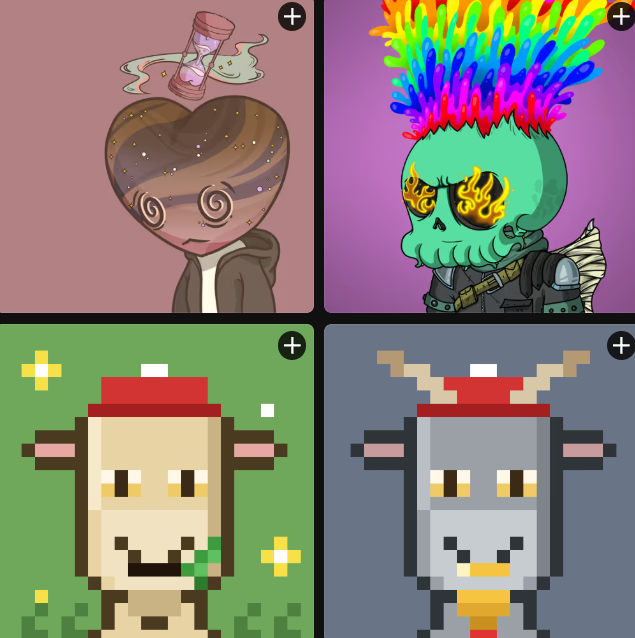 A 2x2 grid of cartoon NFT-style character portraits: a dizzy person with a spilled drink, a green skull with rainbow flames, and two pixel-art cow-like characters.