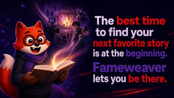 An advertisement for Fameweaver featuring an illustrated fox reading a glowing book in front of a cinema/stage scene, with the tagline 'The best time to find your next favorite story is at the beginning. Fameweaver lets you be there.'