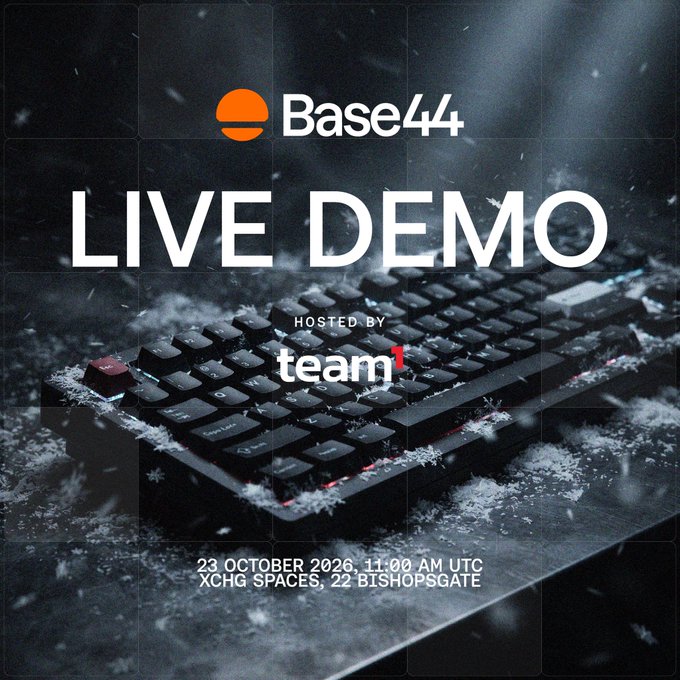 A promotional graphic for 'Base44 LIVE DEMO' hosted by team¹, scheduled for 23 October 2026 at 11:00 AM UTC at XCHG Spaces, 22 Bishopsgate, featuring a keyboard covered in snow.