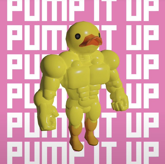 A muscular yellow rubber duck toy positioned in front of a pink background repeatedly displaying the text 'PUMP IT UP'.
