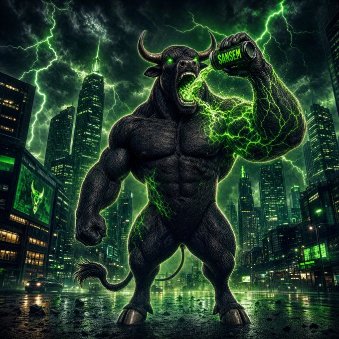 A digital illustration of a giant muscular black bull with glowing green eyes and lightning powers, drinking from a can labeled 'SANSEM' while standing in a stormy, green-lit cityscape.