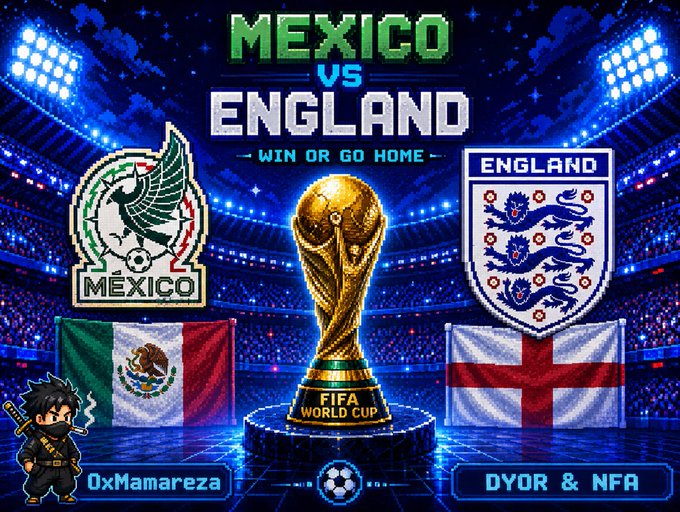 Promotional graphic for a Mexico vs England FIFA World Cup 'Win or Go Home' matchup, showing both team crests, national flags, and the World Cup trophy, with usernames '0xMamareza' and 'DYOR & NFA' displayed.