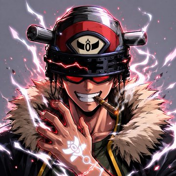 An anime-style illustration of a character with a samurai helmet, red mask, glowing red eyes, a grin, and a glowing seal on their hand, surrounded by pink lightning effects.