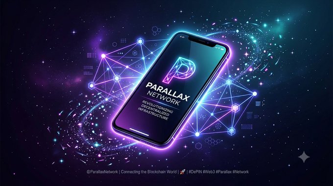 A promotional graphic displays a smartphone showing the 'PARALLAX NETWORK' logo with the tagline 'REVOLUTIONIZING DECENTRALIZED INFRASTRUCTURE,' surrounded by glowing network connections against a cosmic background.