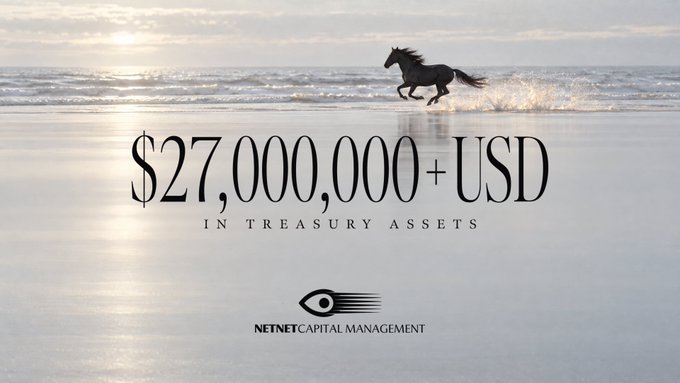 A majestic dark horse gallops along a sunlit beach, overlaid with bold text declaring "$27,000,000+ USD IN TREASURY ASSETS" alongside the NetNet Capital Management logo, visually celebrating the firm's milestone of surpassing $27 million in treasury value and its status as a leading holder of tokenized equities on Robinhood Crypto.