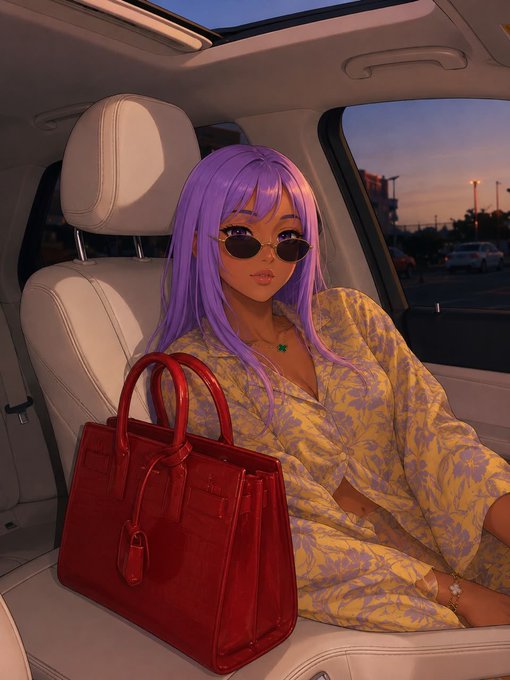 A digital illustration of an anime-style woman with long purple hair and sunglasses, wearing a yellow and purple floral outfit, seated in a car with a red Birkin-style handbag beside her at sunset.