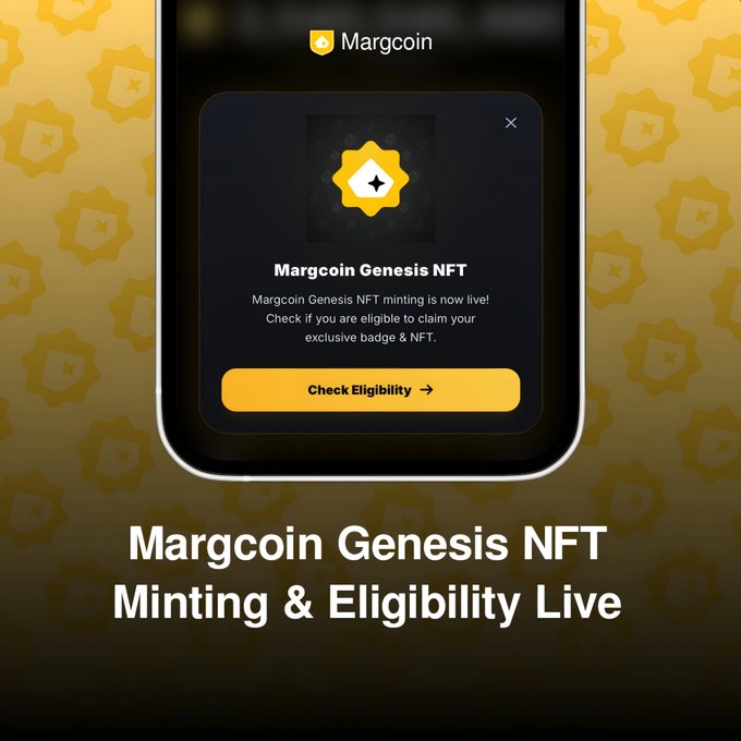 The image shows a Margcoin Genesis NFT minting announcement displayed on a smartphone interface with a yellow "Check Eligibility" button, accompanied by the text "Margcoin Genesis NFT Minting & Eligibility Live." This visual promotes the launch of the 4,999-supply Margcoin Genesis NFT collection, inviting Margcoiners to check their eligibility to claim their exclusive badge and NFT starting at 3:00 AM UTC on 23 August.