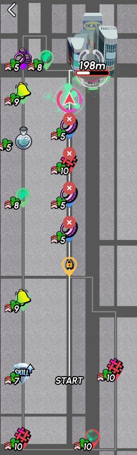 A map view from a location-based mobile game (likely Pokémon GO or similar) showing a city route with various item icons including bells, bottles, and badges numbered with flag icons, and a 'SKILL' badge near the 'START' marker.
