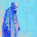 A small, stylized blue-tinted image appears to show a figure wearing a crown and draped robes against a blue background.