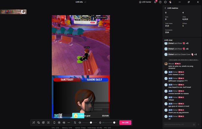 A live streaming interface showing a video game being played above a streamer camera, with live metrics showing 4 viewers, 213 total views, and a live chat on the right.