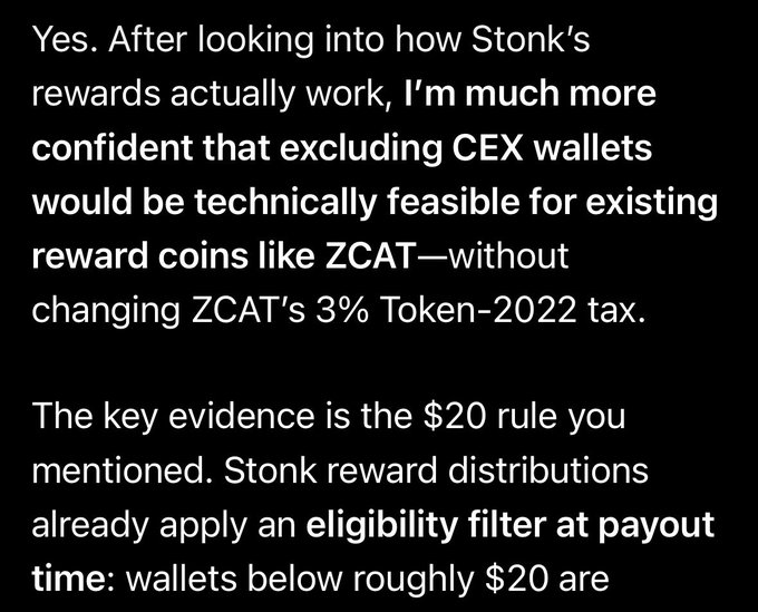 The image contains a text excerpt discussing Stonk's reward mechanics, explaining that excluding CEX wallets is technically feasible for reward coins like ZCAT without altering its 3% Token-2022 tax. It highlights the $20 eligibility filter at payout time that already prevents small wallets from receiving rewards.

This supports the post's point that CEX listings and onchain holder protection can coexist — LaunchOnSF could blacklist exchange wallets so DEX holders aren't diluted, while CEX users simply wouldn't receive the token rewards ("drip") but also wouldn't be subject to the 3% tax.