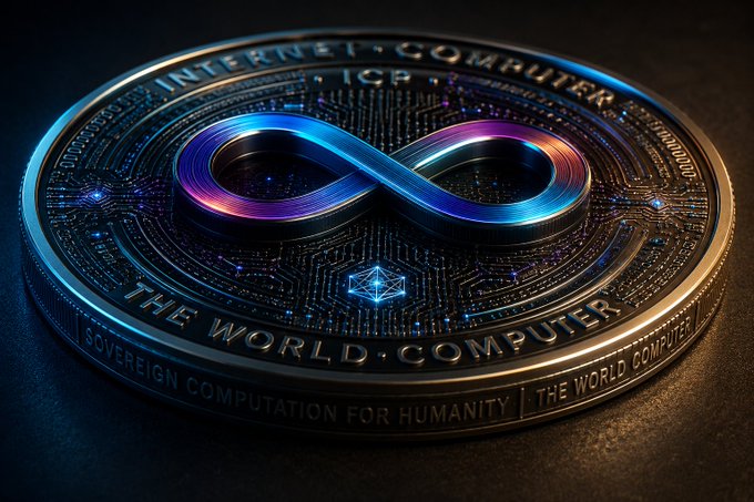 The image features a circular coin with an infinity symbol, which is often used as a symbol of endlessness or infinity. The coin has text that reads "ICP" and "World Computer", indicating its connection to the Internet and computing technology. The coin also has a blue and purple design on it, adding a unique visual element. The background of the image is black, making the colors of the coin stand out even more.