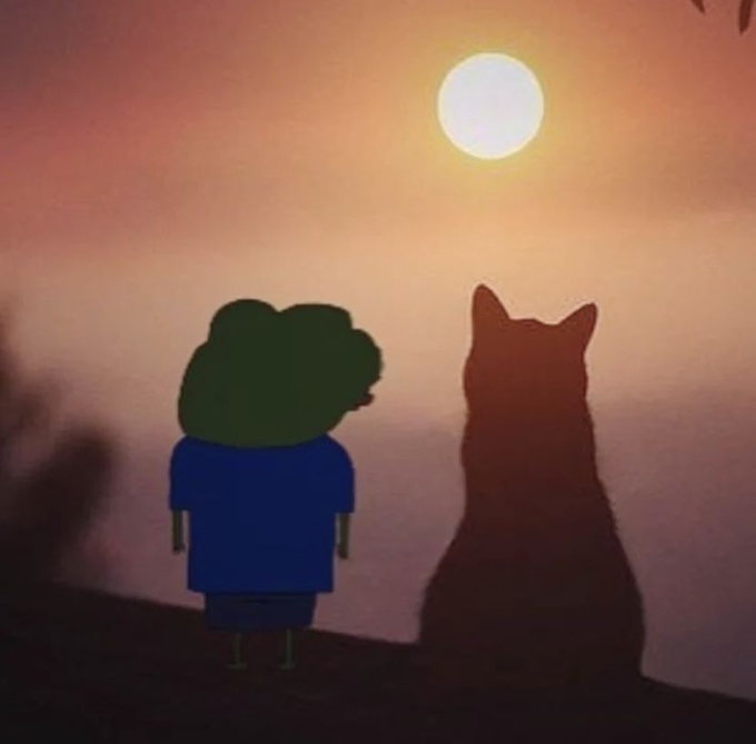 An animated scene shows a silhouette of a green-haired child standing next to a cat, both looking out at a glowing sun against an orange and pink sky.