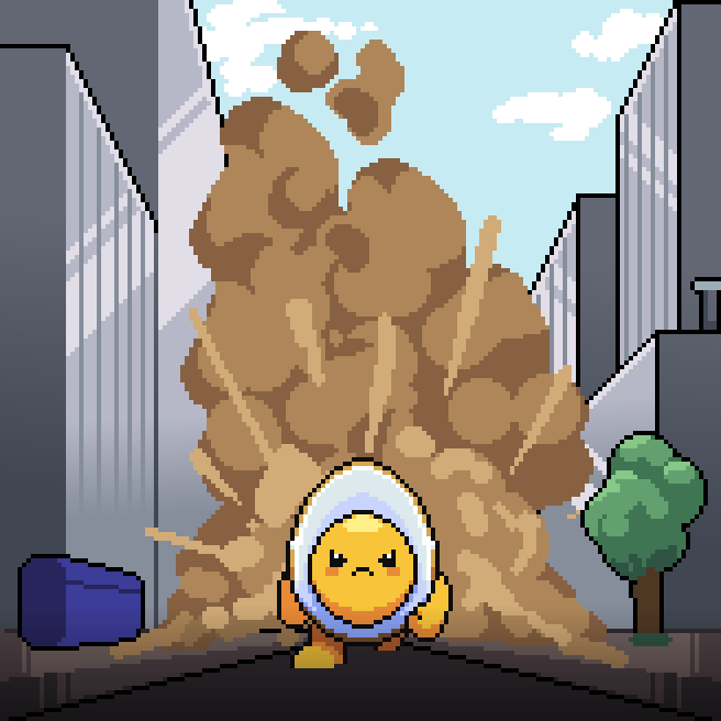 A pixel-art meme features an angry egg-headed duck character standing amid a massive explosion of dirt and debris in a city street, humorously illustrating the chaotic scramble for cryptocurrency giveaways. The post's mention of an "intern picking a few wallets" ties into the explosive urgency, joking about the fierce competition for free crypto "addy" (addresses/airdrops).