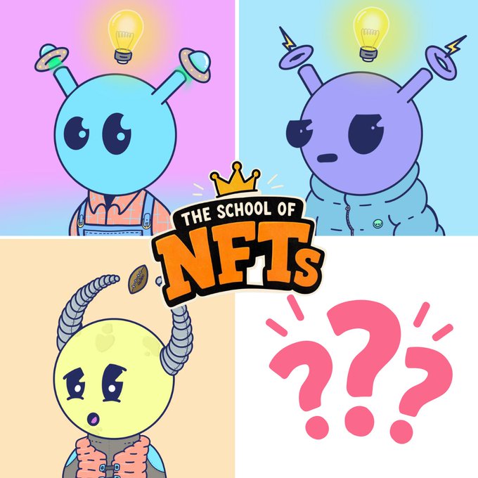 A colorful NFT illustration showing four cartoon characters representing different blockchain networks with the central text 'THE SCHOOL OF NFTs'.