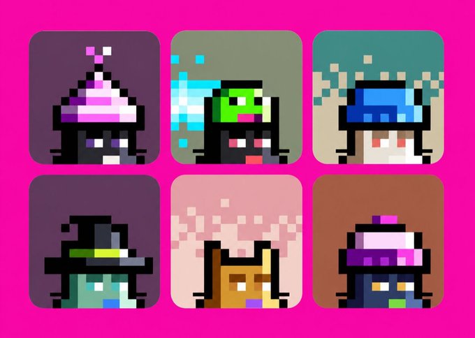 The image displays six pixel-art character icons on a bright pink background, each wearing different themed hats including wizard, frog, ninja, and various fantasy accessories. This appears to be promotional artwork for a Web3 NFT collection mint, likely the "Falcons" project mentioned, showcasing the variety of collectible character traits available to minters before the 48-hour deadline.