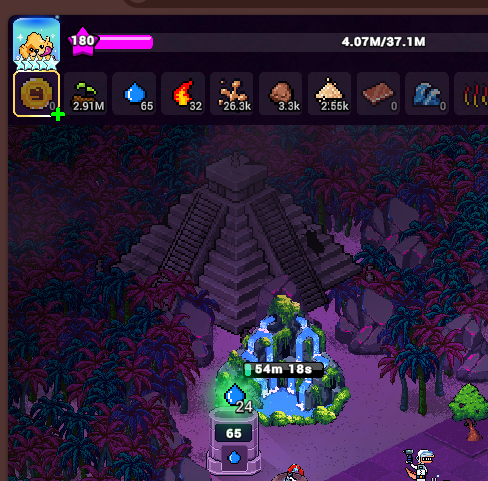 A pixel art idle game screenshot showing a pyramid in a jungle setting with resource counters at the top including $2.91M, 65 gems, and various materials, along with a timer showing 54m 18s.