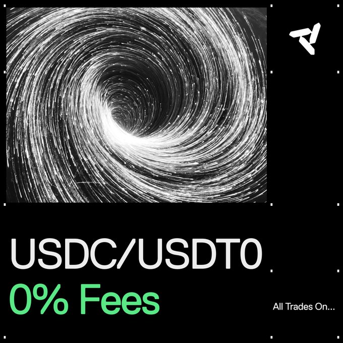 The image has a poster advertisement for a cryptocurrency with an interesting design of a spiral. The title of the advertisement reads "USDC/USDT0 pair fees are now 0%. Move between your preferred stablecoin without execution cost." This information suggests that someone can move their Bitcoins in and out of this particular cryptocurrency, but they will not be charged any fees for doing so due to the current promotion.