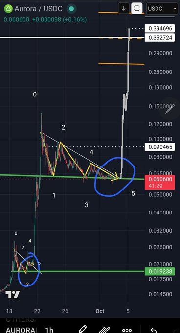 A cryptocurrency trading chart showing AURORA/USDC on TradingView, with technical analysis patterns drawn in yellow and blue circles marking key price points around 0.060600 and 0.019238.