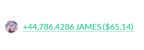 The image shows a small avatar icon next to the text "+44,786.4286 JAMES ($65.14)", which represents a token airdrop notification of 44,786.4286 JAMES tokens valued at approximately $65.14, likely displayed in a response to the user @_jhunsaker about "Airdrop V3."