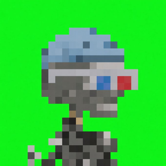 A pixel art character with a grey helmet or hair, red glowing eyes, and dark armor, rendered against a bright green background.