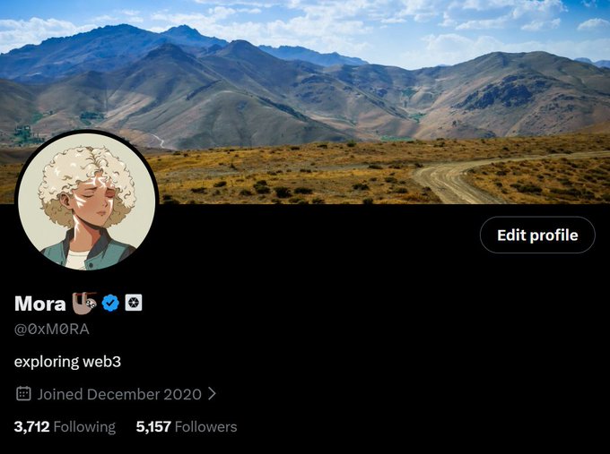 A Twitter profile page for "Mora" (@0xM0RA), bio reads "exploring web3," with a banner image of mountains and a profile picture of an anime-style character with white curly hair.