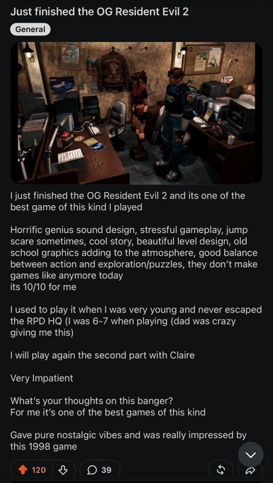 A Reddit post in the General section shows the user praising the original 1998 Resident Evil 2, highlighting its sound design, gameplay, and level design while rating it 10/10. The screenshot features a scene from the game set in the RPD HQ with 120 upvotes and 39 comments, aligning with the poster's note about sharing nostalgic gaming experiences on the subreddit.