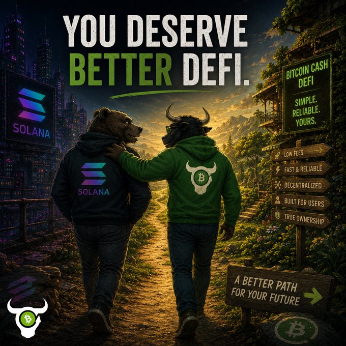 A Bitcoin Cash DeFi promotional graphic reading 'YOU DESERVE BETTER DEFI' featuring two anthropomorphic figures in hoodies, one wearing Solana branding and the other Bitcoin Cash, walking down a forest path.